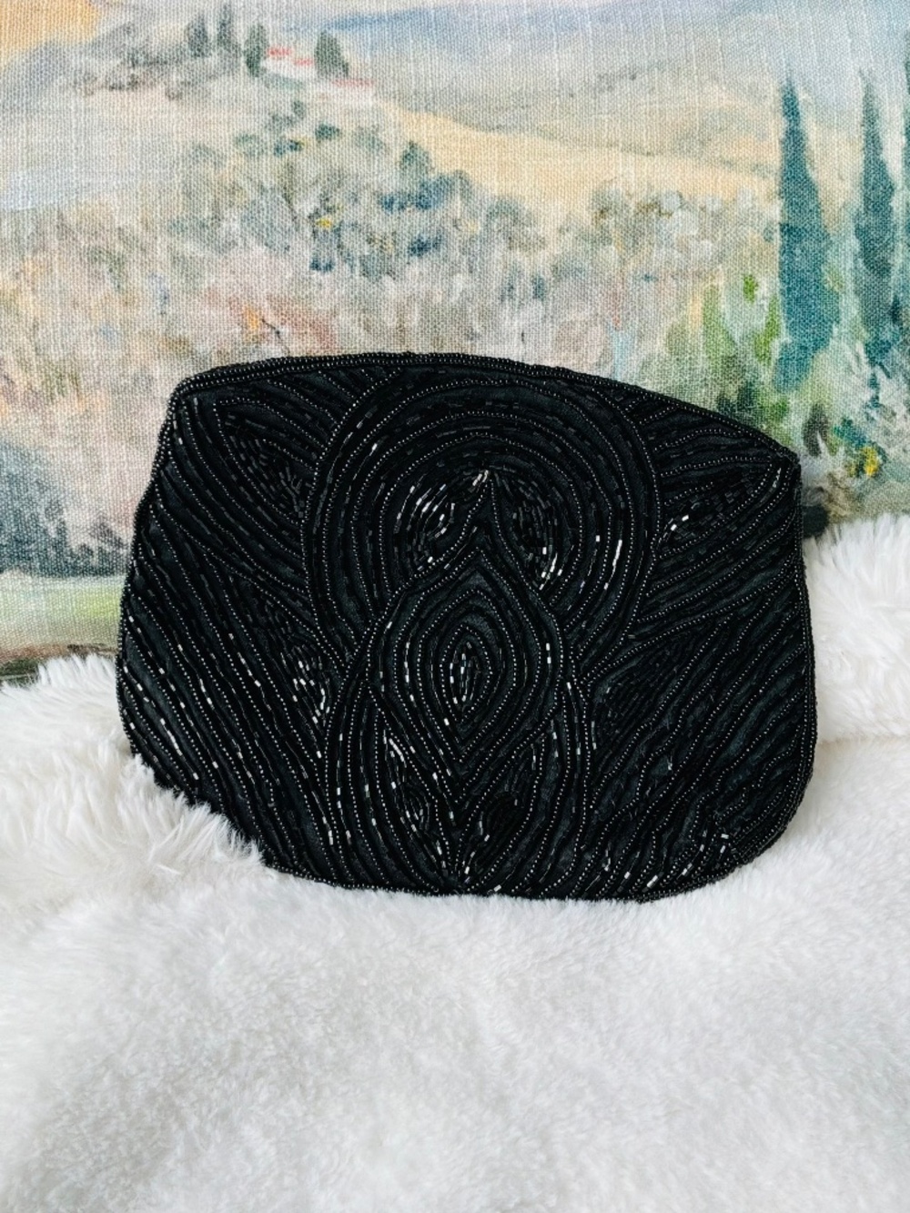 Vintage Black Glass Beaded Clutch/Deco Peacock Style